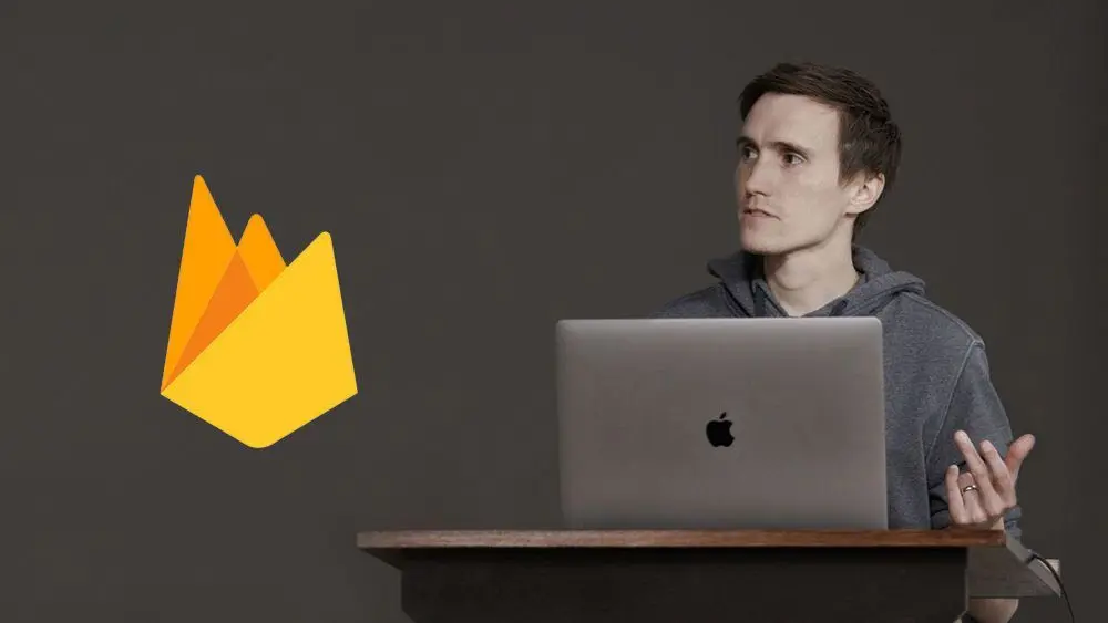 David East sitting behind a computer next to the Firebase logo"