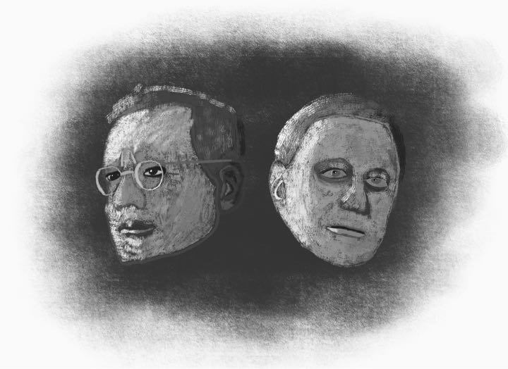 Alf Landon and Franklin Roosevelt heads drawn next to each other.