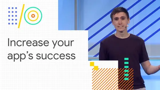 David East on stage at Google I/O in a YouTube thumbnail with a title of "Increase your apps success"