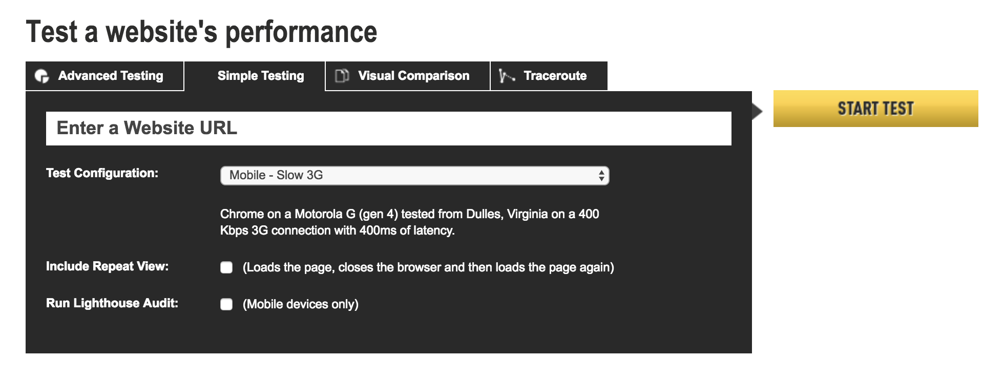 WebpageTest easy mode setting